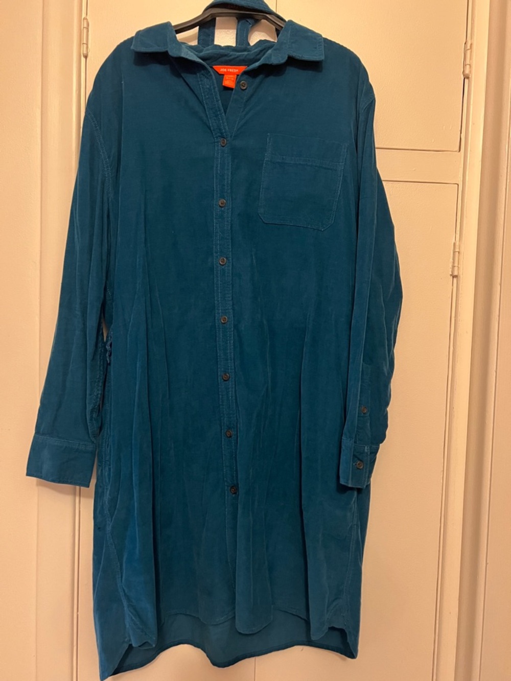 Cute Corduroy Teal Button-Front Shirt Dress